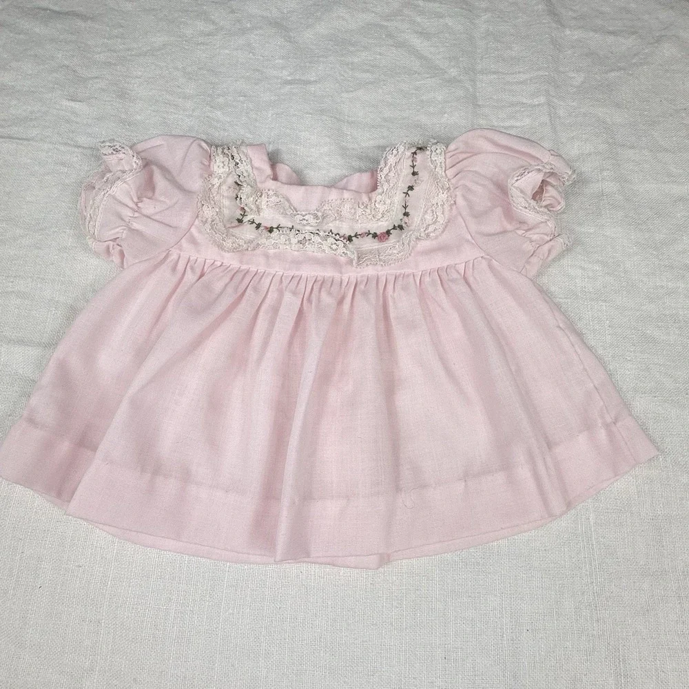 Primitive Dress Girls 0-3M Pink Gingham Peter Pan Collar Embroidered Mushroom